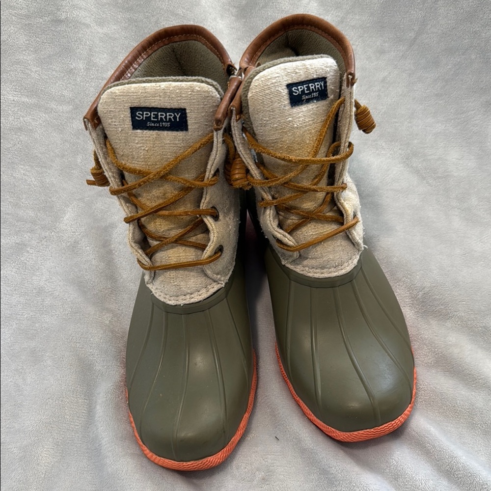 Sperry Olive and Tan Duck Boots